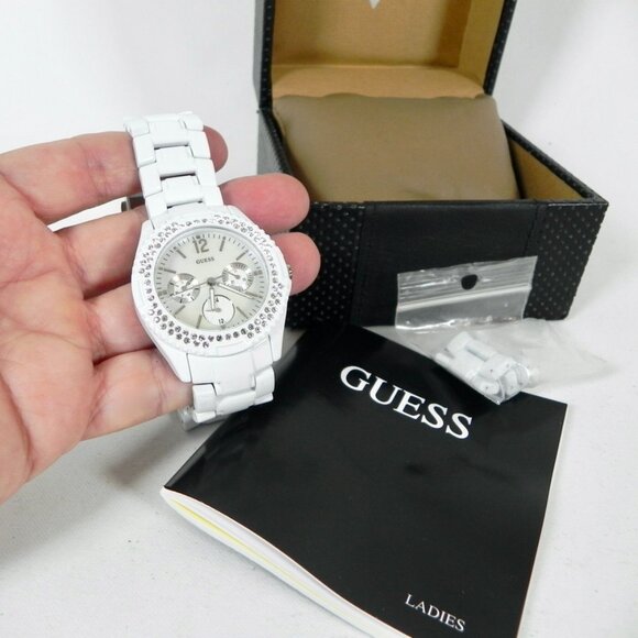 NWT Guess Ladies Mother-Of-Pearl Watch | White Ceramic with Crystals Wristwatch - Picture 6 of 10